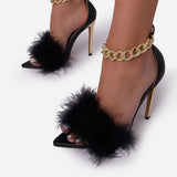 Feather Gold Chain Open Toe Pumps