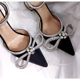 Genuine Leather Rhinestone Bow-Knot Satin Shoes