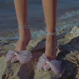 Genuine Leather Rhinestone Bow-Knot Satin Shoes