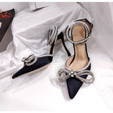 Genuine Leather Rhinestone Bow-Knot Satin Shoes