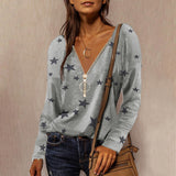 Zipper Star Print V-Neck Shirts
