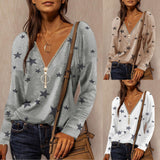 Zipper Star Print V-Neck Shirts