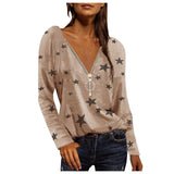 Zipper Star Print V-Neck Shirts