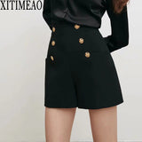 High Waist Black Button Shorts