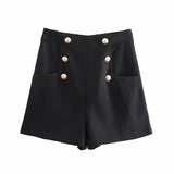 High Waist Black Button Shorts